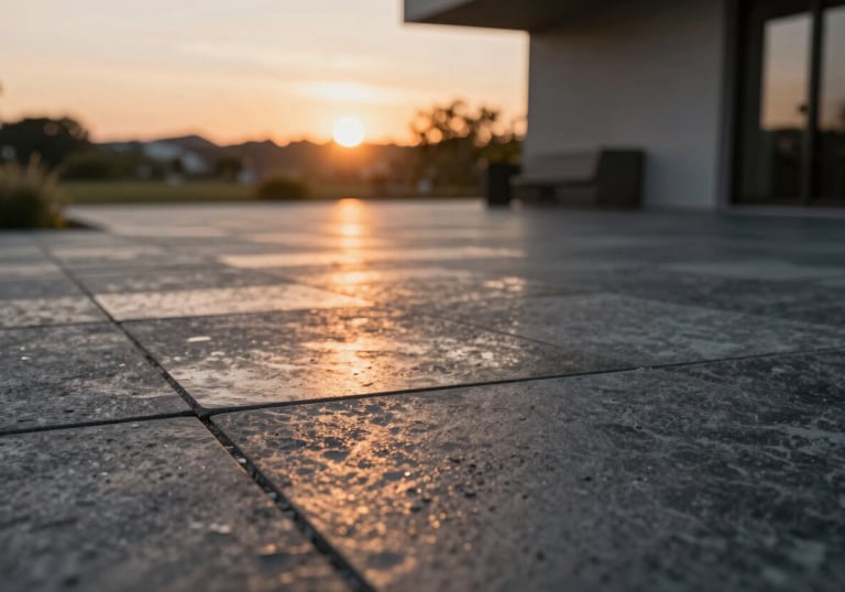 A stylish patio area at sunset, where the warm light reflects off a polished, dark slate stamped concrete floor, highlighting the texture.