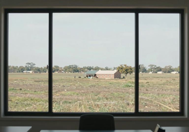 A minimalist view of a rural Texas landscape through a clean office window, symbolizing a calm, focused, and professional approach to business.