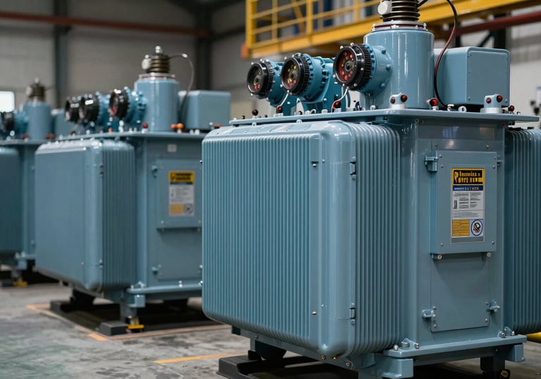A row of new, professional-grade industrial transformers in a warehouse setting, showcasing high-voltage equipment in a sleek steel blue finish.