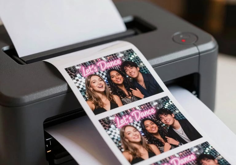 Close-up of instant photo prints emerging from a stylish photobooth machine.