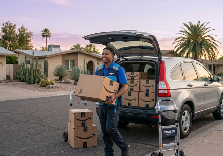 Package delivery driver unloading rental car for gig work in Tucson Arizona
