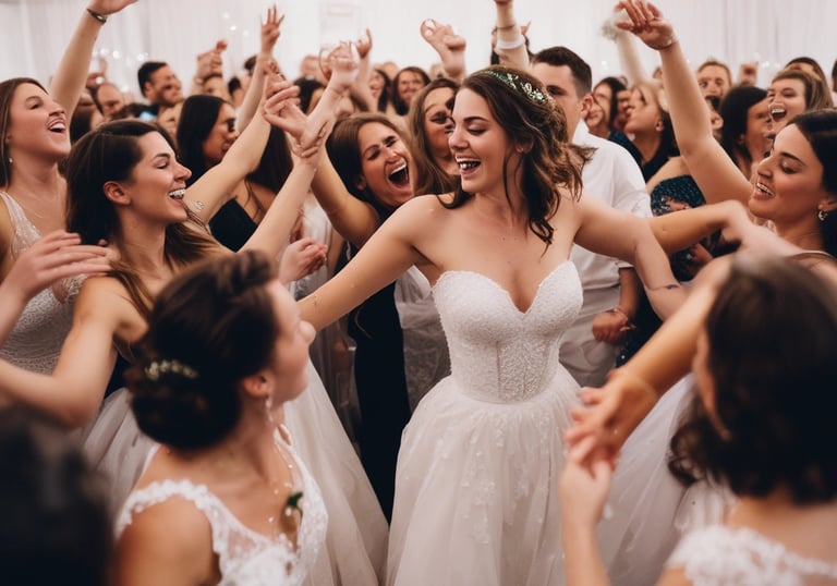 A joyful couple sharing a dance surrounded by close family and friends in a cozy, intimate reception setting.