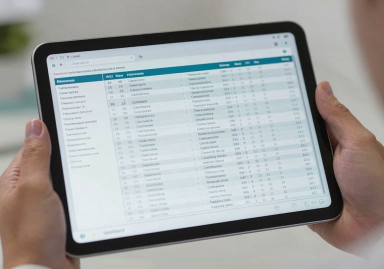 Photography of a digital tablet screen showing organized medical data and charts, held by a professional in a South American / Brazilian setting.