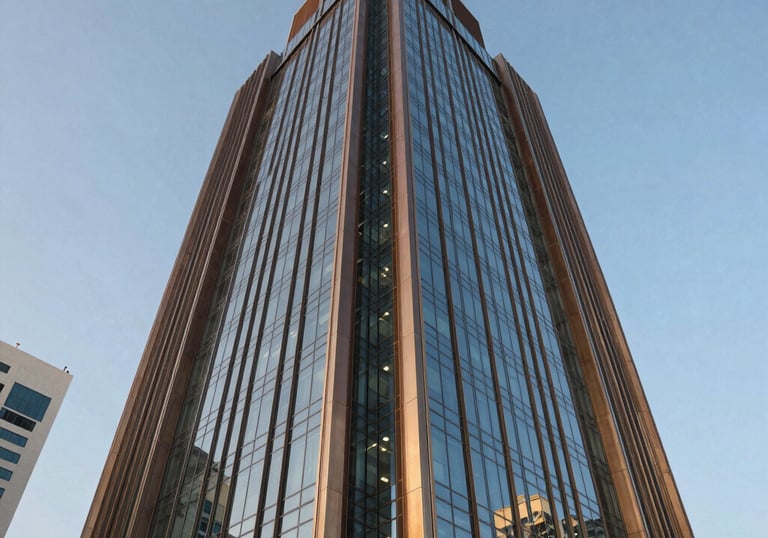A sophisticated and prestigious brand identity conveying architectural excellence, trust, and luxury living. Low-angle photography of a contemporary commercial office tower with metallic bronze fins and reflective glass panels in a Middle Eastern / Gulf business district under clear blue sky.