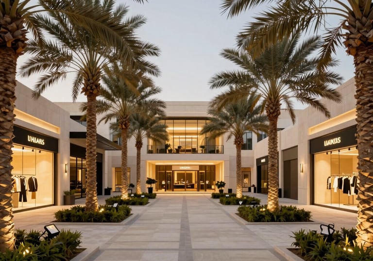 A sophisticated and prestigious brand identity conveying architectural excellence, trust, and luxury living. Architectural photograph of an upscale open-air lifestyle community center in a Middle Eastern / Gulf city. Landscaped palm trees, modern cream walkways, and sleek retail storefronts with warm gold illumination.