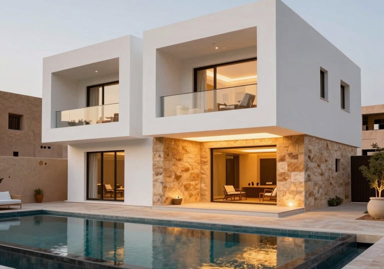 A sophisticated and prestigious brand identity conveying architectural excellence, trust, and luxury living. Exterior photo of an ultra-modern luxury villa with clean white geometric lines and warm desert stone walls in a Middle Eastern / Gulf residential district. Features a private swimming pool with warm gold poolside lighting.