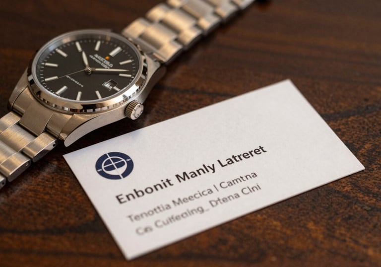 A detail shot of a luxury watch and a professional business card on a dark wood table. Warm golden lighting highlights the textures and premium quality, North American / Global aesthetic.