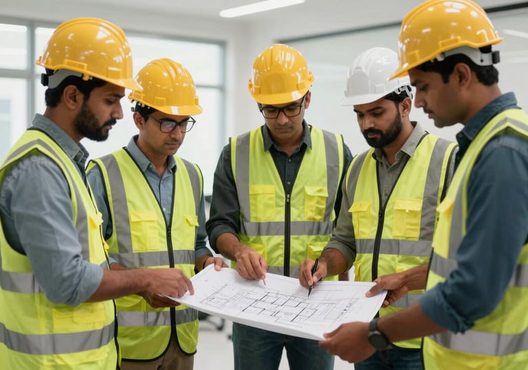 A team of South Asian construction professionals in safety gear collaborating over a large technical blueprint at a brightly lit site office.
