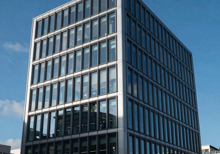 A sleek, contemporary glass office building in a prominent UK business district, reflecting a deep sea blue sky, clean and sophisticated.