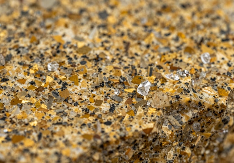 A macro photography shot showing the intricate crystalline texture of golden granite, with flecks of medium brown and tan, soft natural lighting.
