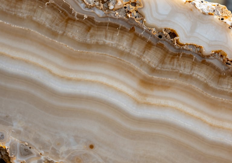 A photography shot of a high-quality onyx slab showing depth and beautiful banding in shades of tan, beige, and off-white.