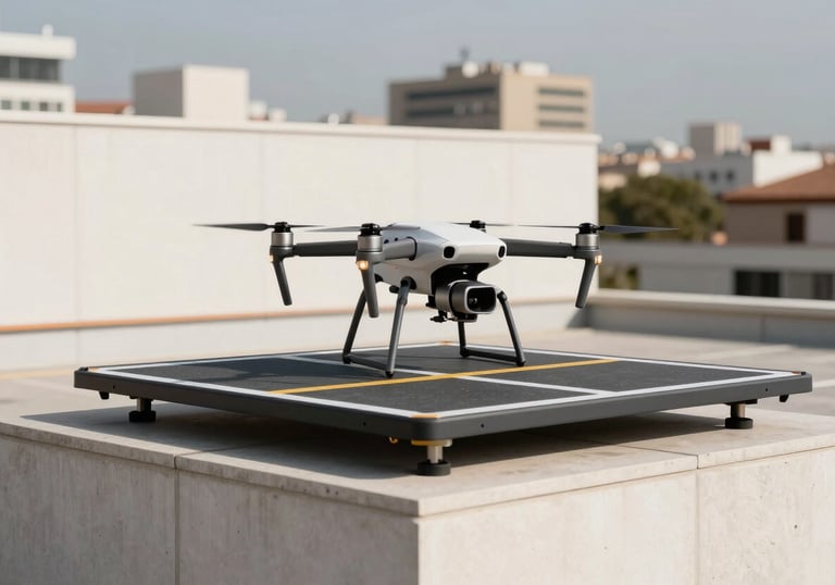 A professional drone landing on a high-tech landing pad on a modern rooftop in a Spanish / Latin American city, clean lines, off-white background, urban precision.
