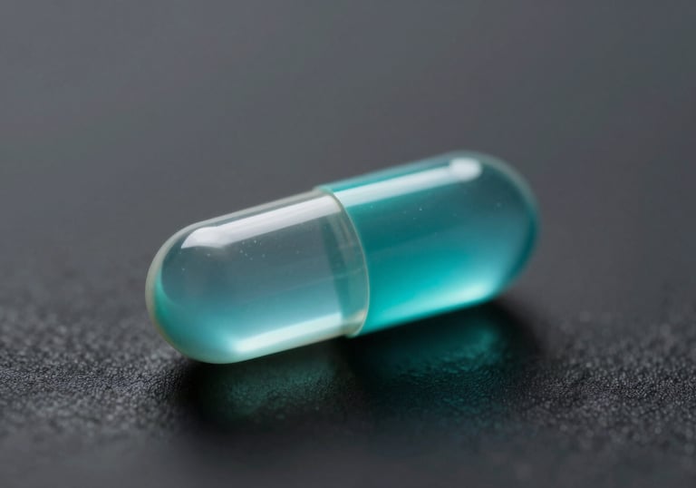 A close-up macro shot of a single crystal-clear pharmaceutical capsule on a dark #1A2F2F background, glowing with a soft internal teal light.