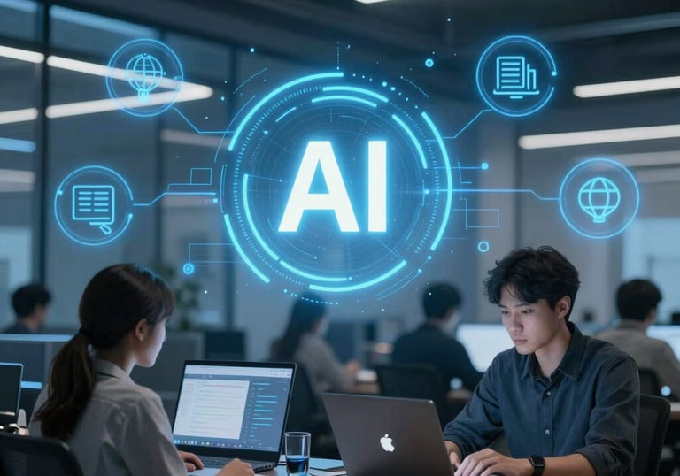 A focused team collaborating on coding and designing a sleek website interface.