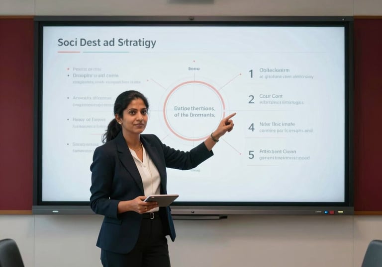 A professional South Asian / Indian woman presenting a creative strategy on a large screen in a boardroom, white and deep red accents in the decor.