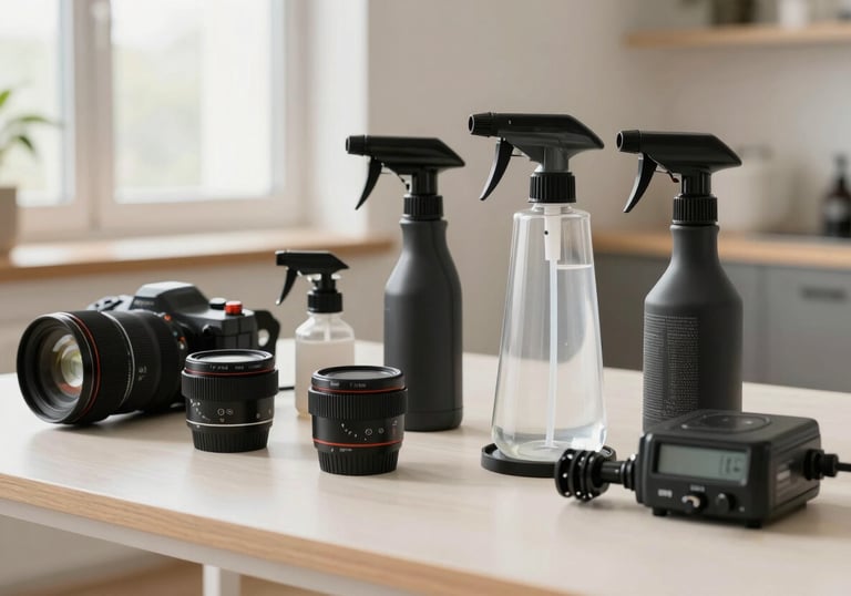 A professional toolkit for mold remediation, featuring high-end sensors and sprayers, neatly arranged on an off-white surface in a bright room.