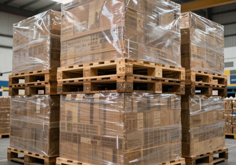Organized dry cargo pallets inside a large, brightly lit warehouse with high ceilings in Latin America, emphasizing order and safety.