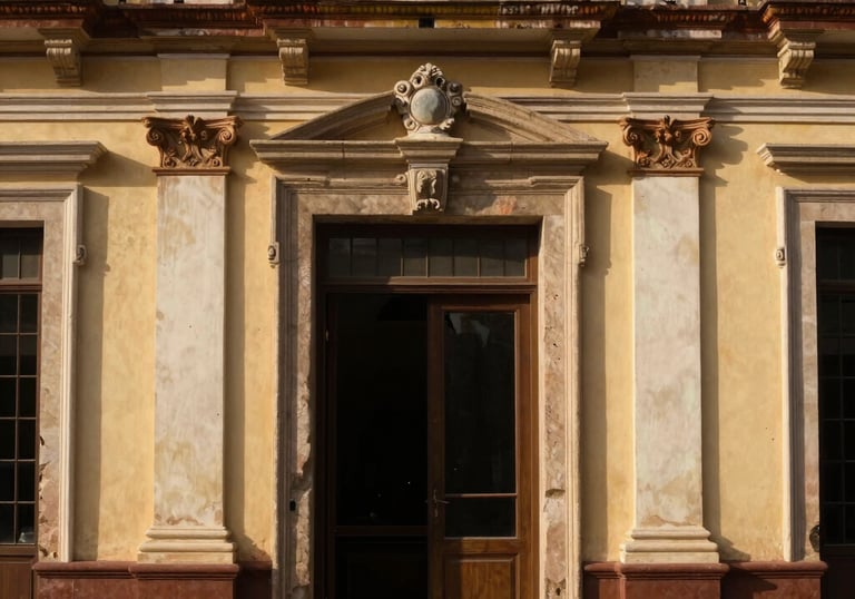 A beautifully restored historical facade of a South American building, elegant warm lighting, perfect paint finish, conveying craftsmanship.