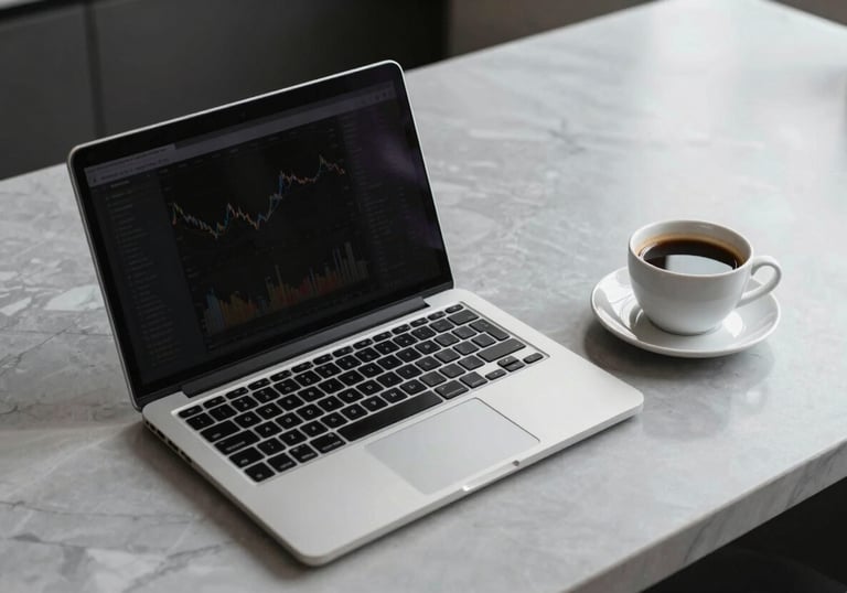 A photography of a modern laptop and a cup of coffee on a minimalist Light Gray marble countertop in a North American / US setting. The scene is quiet and orderly, suggesting the calm focus of financial experts at work.