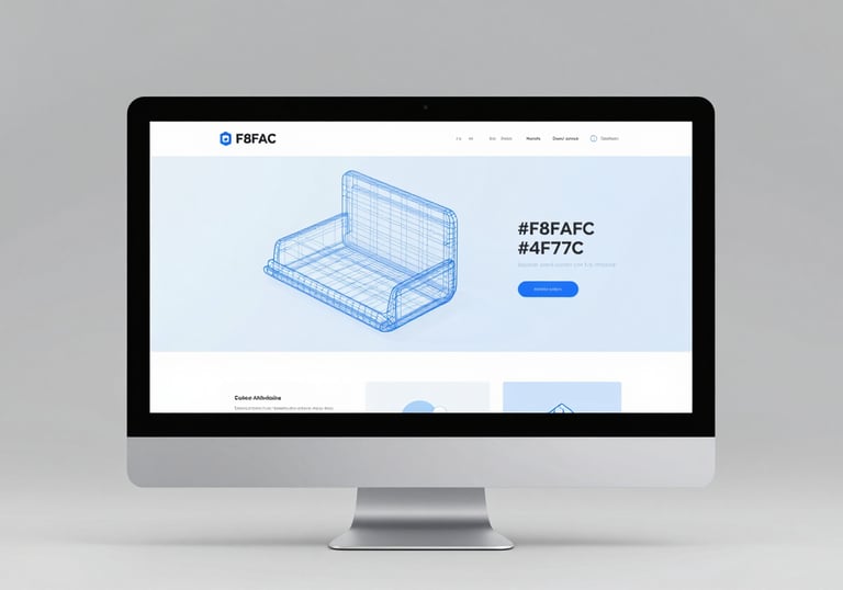 A minimalist wireframe layout of a premium website shown on a high-resolution display. Sleek structure using #F8FAFC and #4F77CC.