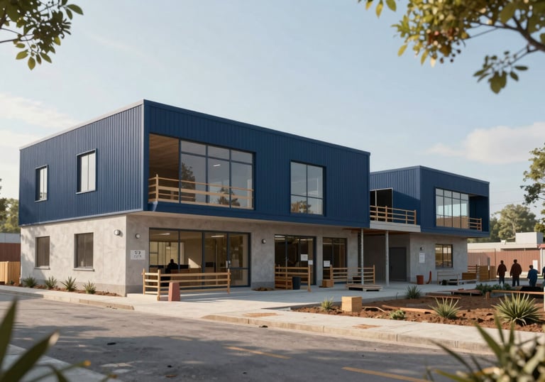 An artistic photograph of a modern community center being built, representing CSR initiatives, in a global international setting with natural, bright morning light and navy blue accents.