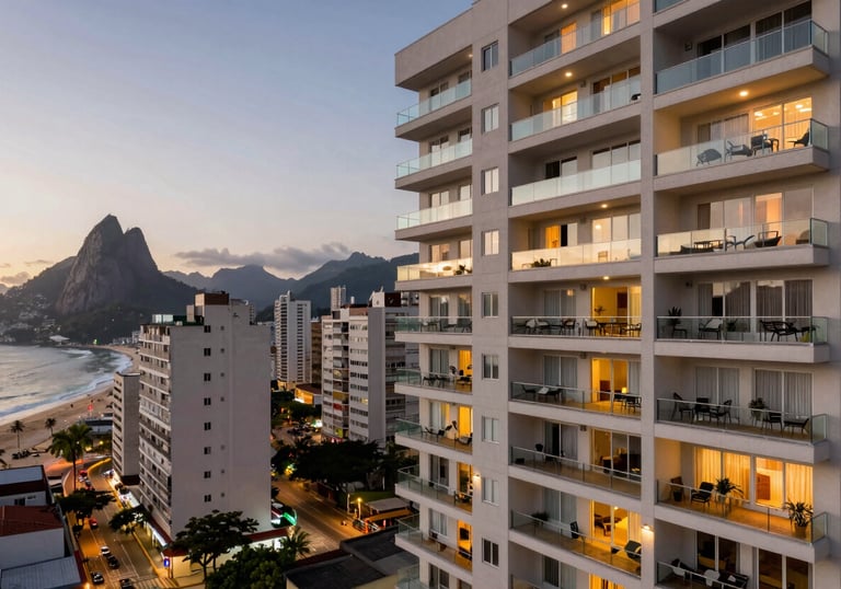 A panoramic view of a modern apartment building facade with balconies at dusk, located in a upscale Brazilian coastal city, elegant outdoor lighting, professional photography.