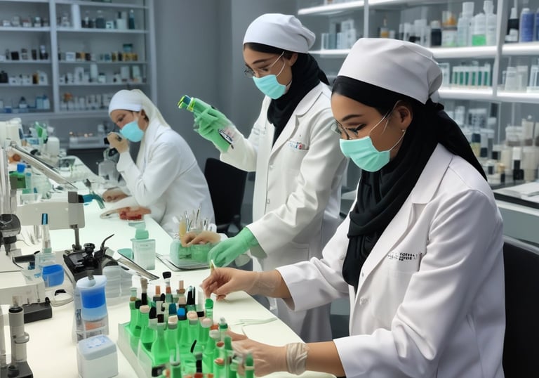 two women in lab coats and gloves are working on a project