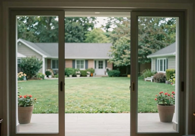 Wide interior shot looking through large, pristine glass patio doors into a green manicured lawn in a North American suburb.