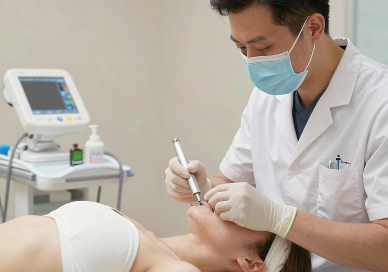 A neurologist examining brain scans on a digital screen in a modern office.