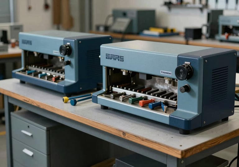 A high-quality photograph of a modern workshop with organized tools and a professional atmosphere, highlighting Steel Blue and Dark Navy Blue accents in the equipment.