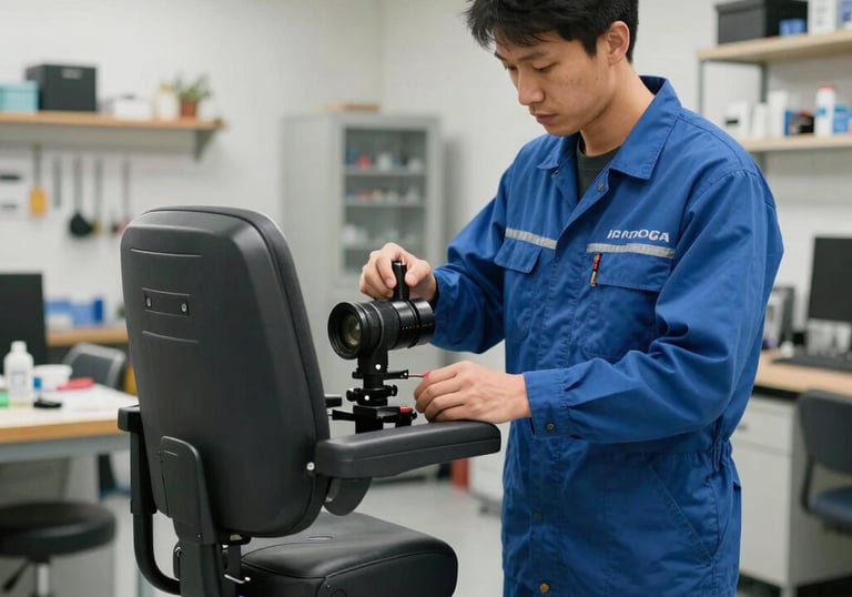 A clean, organized workshop where a technician performs routine maintenance on a mobility device. Professional Slate Blue work uniform, bright lighting, North American / US setting.