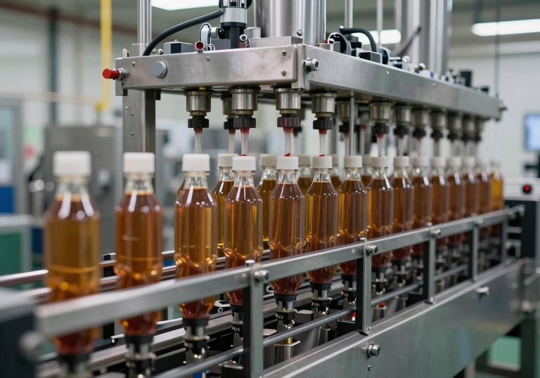 A sophisticated automated bottling and packaging line in a modern North American plant, showcasing industrial precision and high-efficiency flow.
