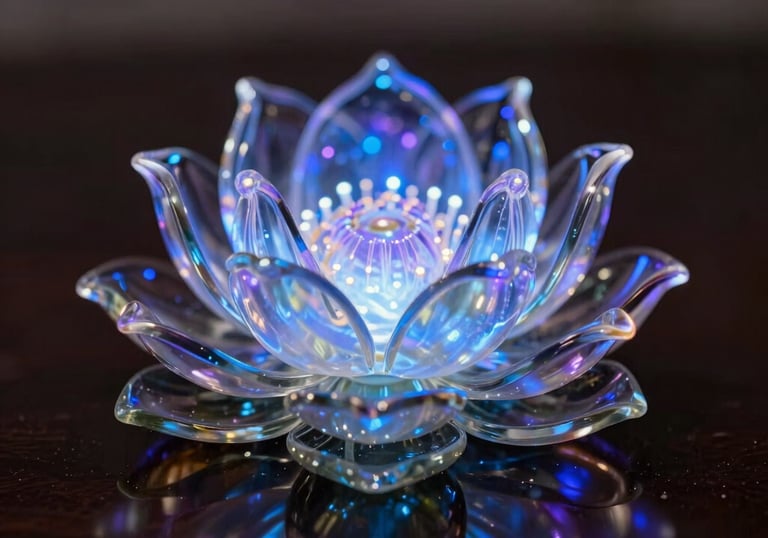 A macro shot of a glass lotus flower sculpture glowing with internal blue and purple fiber-optic lights on a reflective dark surface.