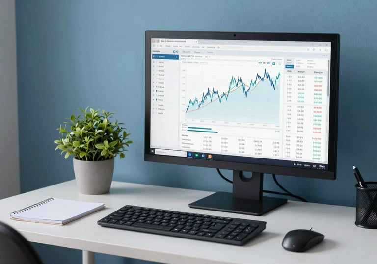 A modern, organized workspace featuring a large monitor with financial data and a small green plant, North American / US home office, Light Blue and Medium Blue shades.