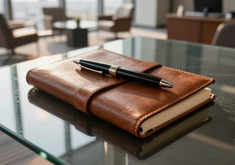 An elegant leather notebook and a premium pen resting on a glass table in a high-rise office lounge, golden hour light, Global / Francophone, expressing success.