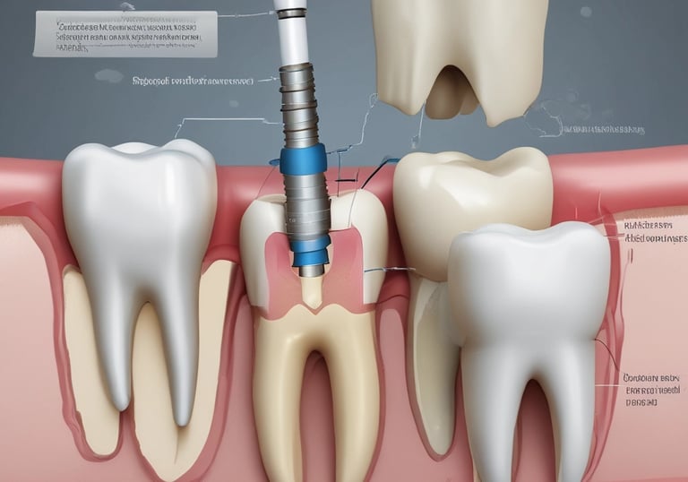 Close-up of a dental implant being placed in a patient's mouth in a clean clinical setting.