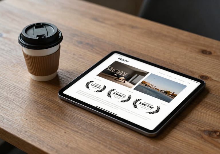 A minimalist setup on a wooden desk featuring a professional coffee cup and a sleek tablet showing a design mockup.
