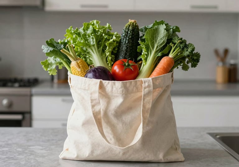Photography of a canvas grocery bag filled with fresh, healthy vegetables on a clean kitchen counter in a Northern European / Dutch household, symbolizing practical support.