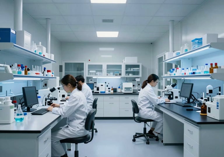 A wide shot of a modern, efficient laboratory environment in a North American research center, featuring sleek white surfaces and blue lighting.