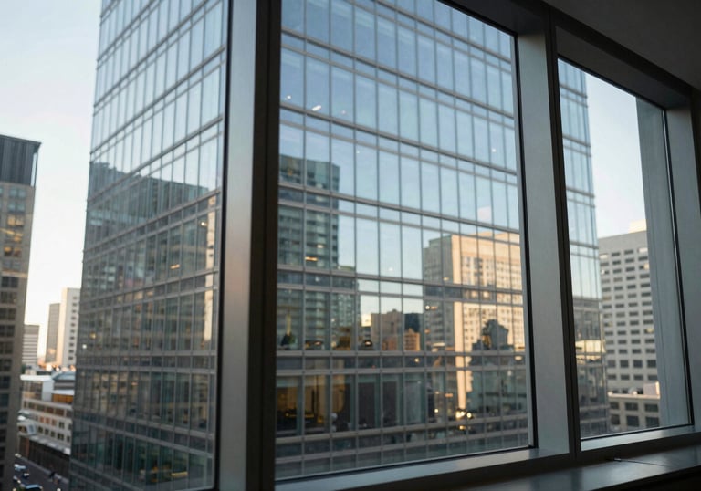 A high-rise view from a North American / US city office window, bright morning light reflecting off clean glass surfaces, sophisticated and clean mood.