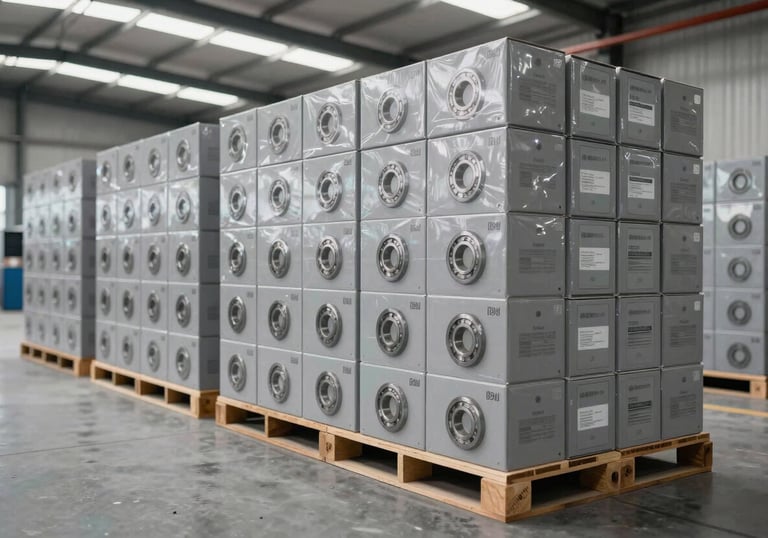 A clean, modern warehouse in East Asia / China showing boxed WanLi Bearing products ready for shipment. The lighting is bright and professional, utilizing the Cloud Gray palette.