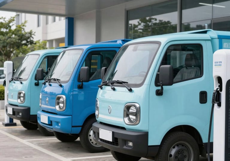 A fleet of electric delivery trucks parked neatly at a modern charging station, blue and pale blue accents, clean international style.