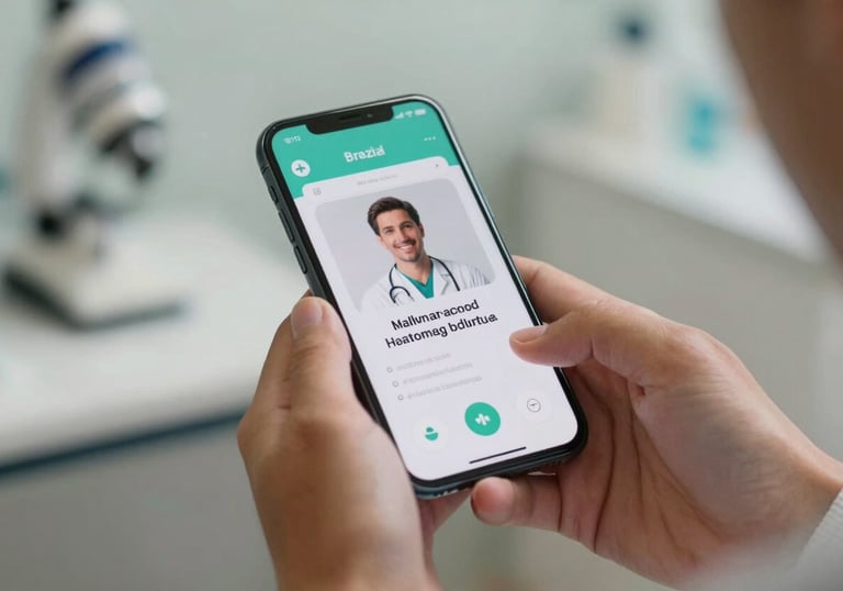 A close-up of a person's hands holding a modern smartphone with a healthcare application open, blurred Brazilian clinic in the background.