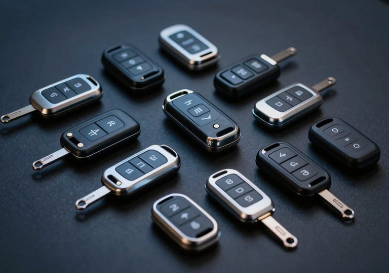 A collection of various high-tech car transponder keys and remotes arranged neatly on a dark charcoal navy surface, lit with professional studio lighting that creates light steel blue highlights.