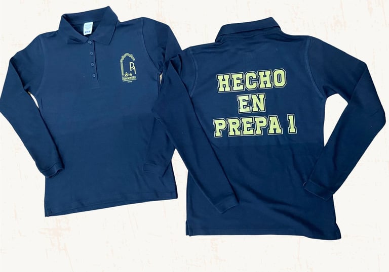 Playera cuello polo manga larga azul Prepa !