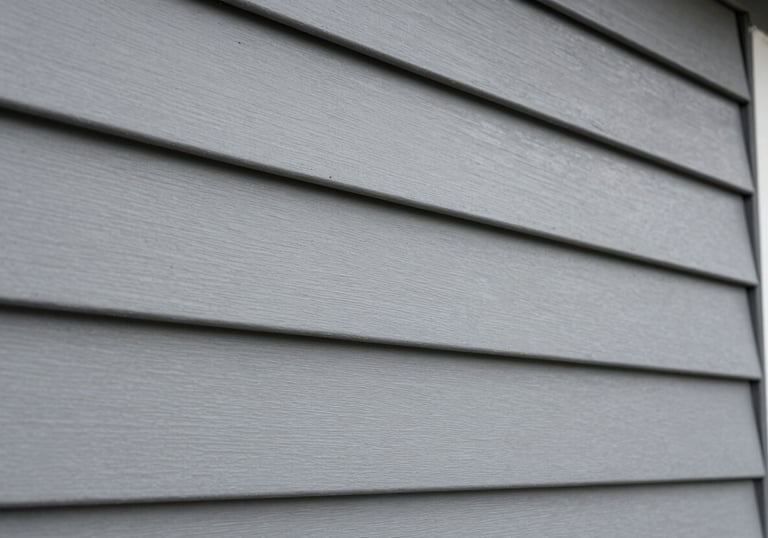 A detail shot of high-quality mist grey siding and plastic texture finishes on a residential facade in South America / Latin America. Sharp focus on the craftsmanship.