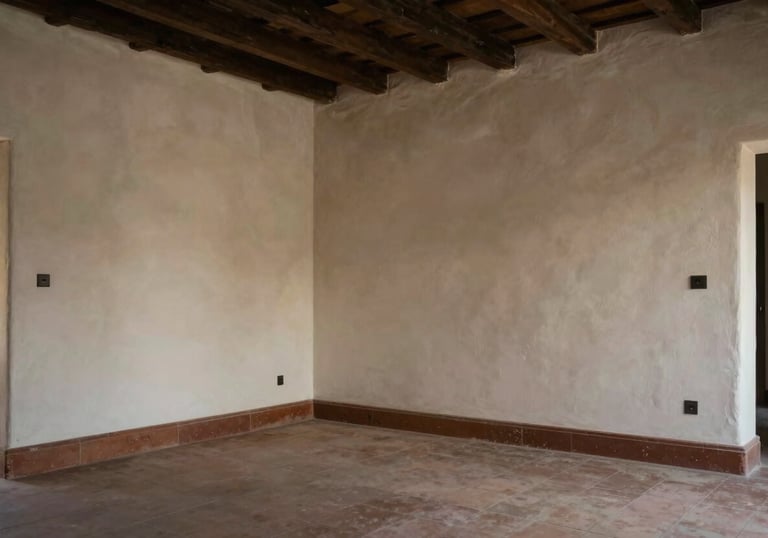 A finished interior room in a Spanish / Latin American house showcasing smooth Durlock walls and professional lighting.