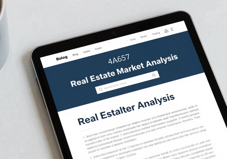 A top-down view of a tablet displaying a professional blog about real estate market analysis, with clean typography and a color scheme of #4A6572 and #FFFFFF.