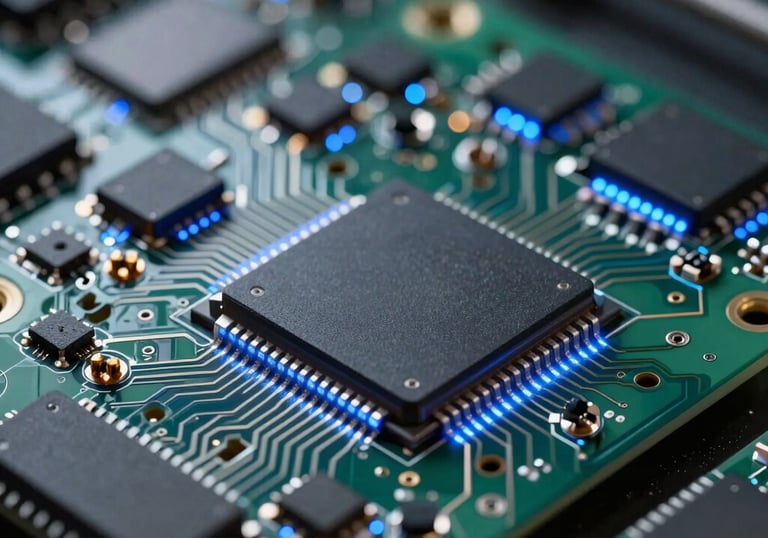 Modern high-speed electronic components and circuit boards illuminated with soft blue LED lights, showing precision and high-tech expertise.