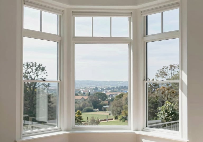 Close-up of a sparkling clean residential window reflecting a sunny garden.